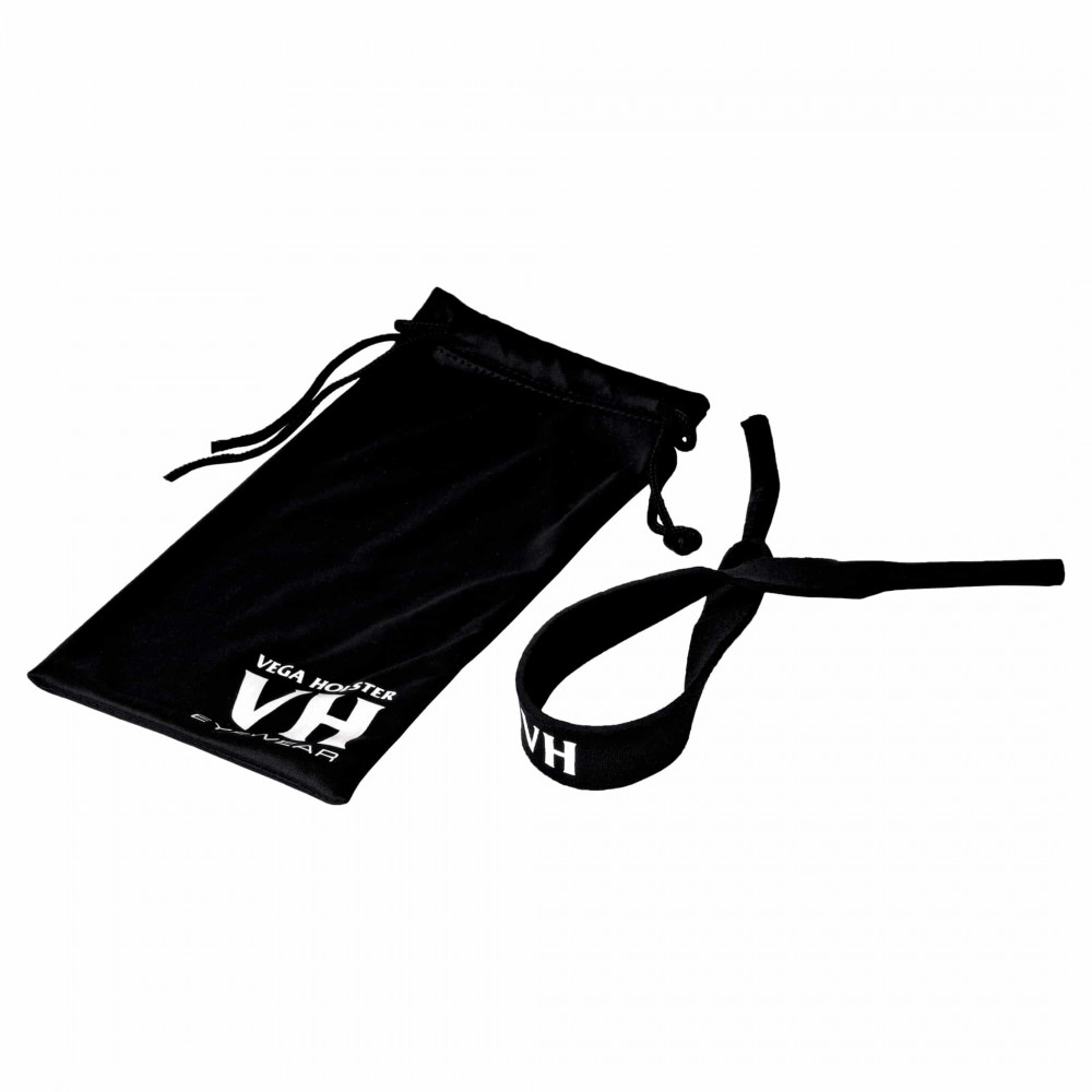 Vista dall'alto di custodia in microfibra nera con logo Vega Holster e laccio in neoprene nero VH per occhiali multiuso